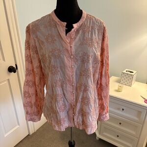 AQUA Pink Embroidered Peter Pan Collar Button Down Long Sleeved Blouse, Size L